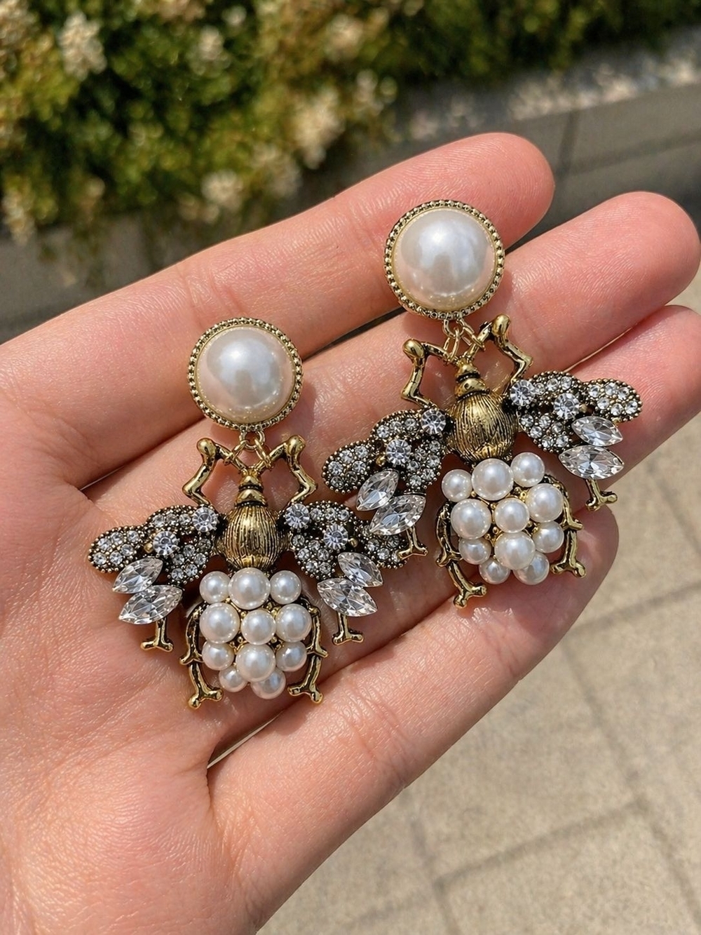 Gold Bee Pearl Drop Earrings - Picture 4 of 6